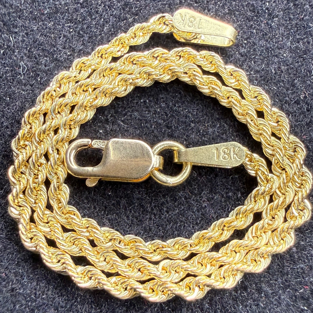 Solid 18k Yellow Gold Diamond Cut Rope Bracelet 7.5" Long 1.6mm